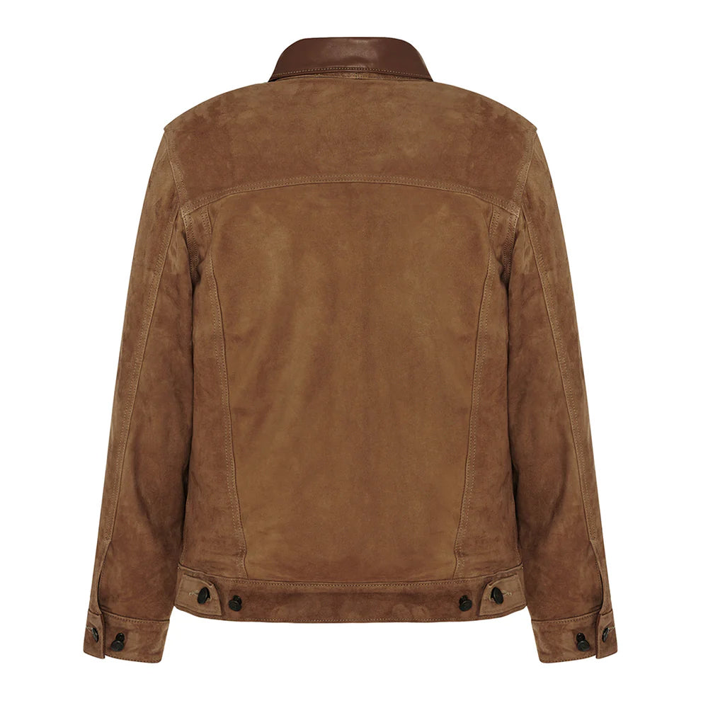 Back view of Men's Brown Suede Leather Trucker Jacket highlighting the tailored mid-length cut and smooth suede texture.