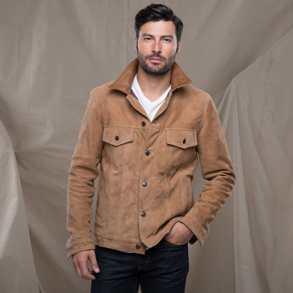 Model wearing Men's Brown Suede Leather Trucker Jacket paired with casual jeans, demonstrating the lightweight and versatile style.