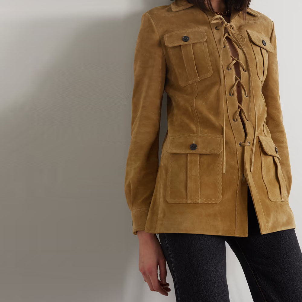 New Western Lace-up camel Brown Leather Suede Jacket