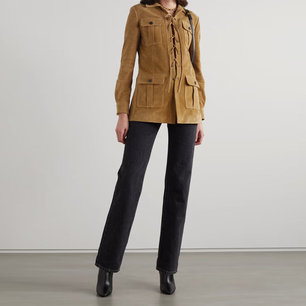 Women New Lace-up camel Brown Leather Suede Jacket