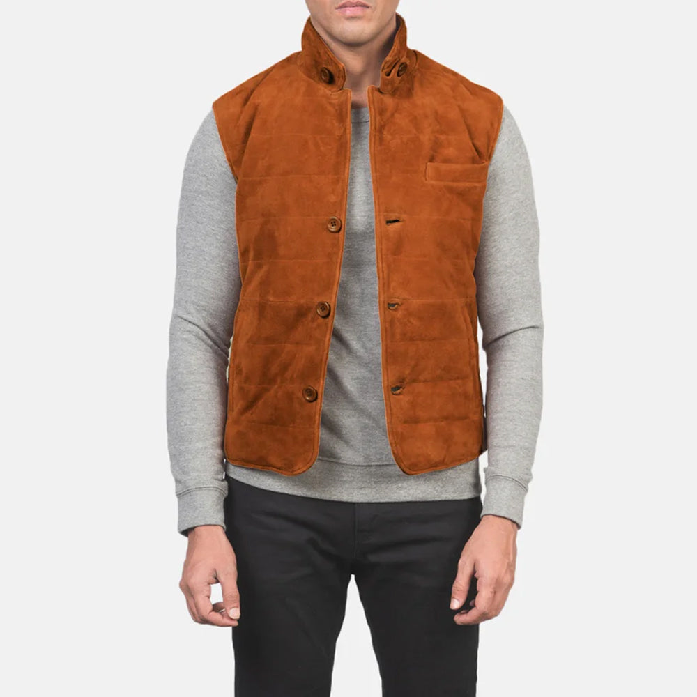 Men's suede leather vest displayed with an open button front, showcasing its premium goatskin suede texture and quilted inner lining.