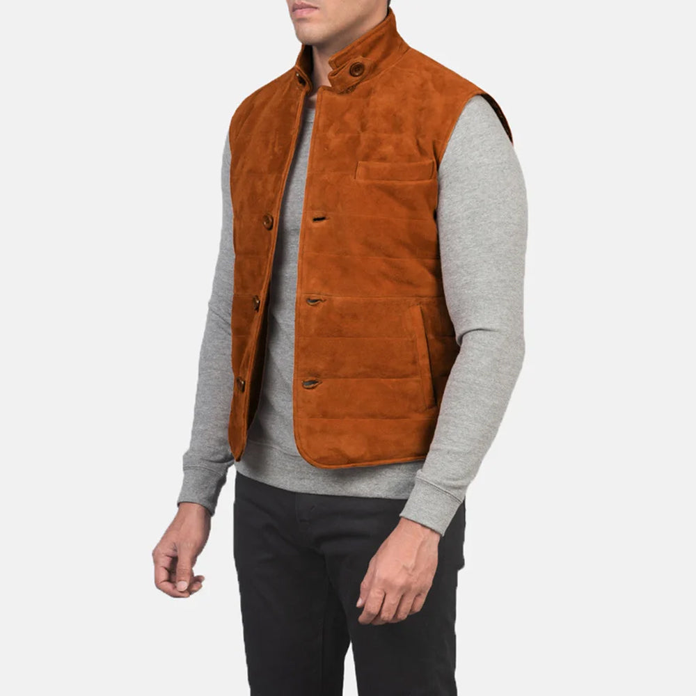 Man wearing a brown suede leather vest in a stylish side pose, highlighting its notch collar and removable throat latch.