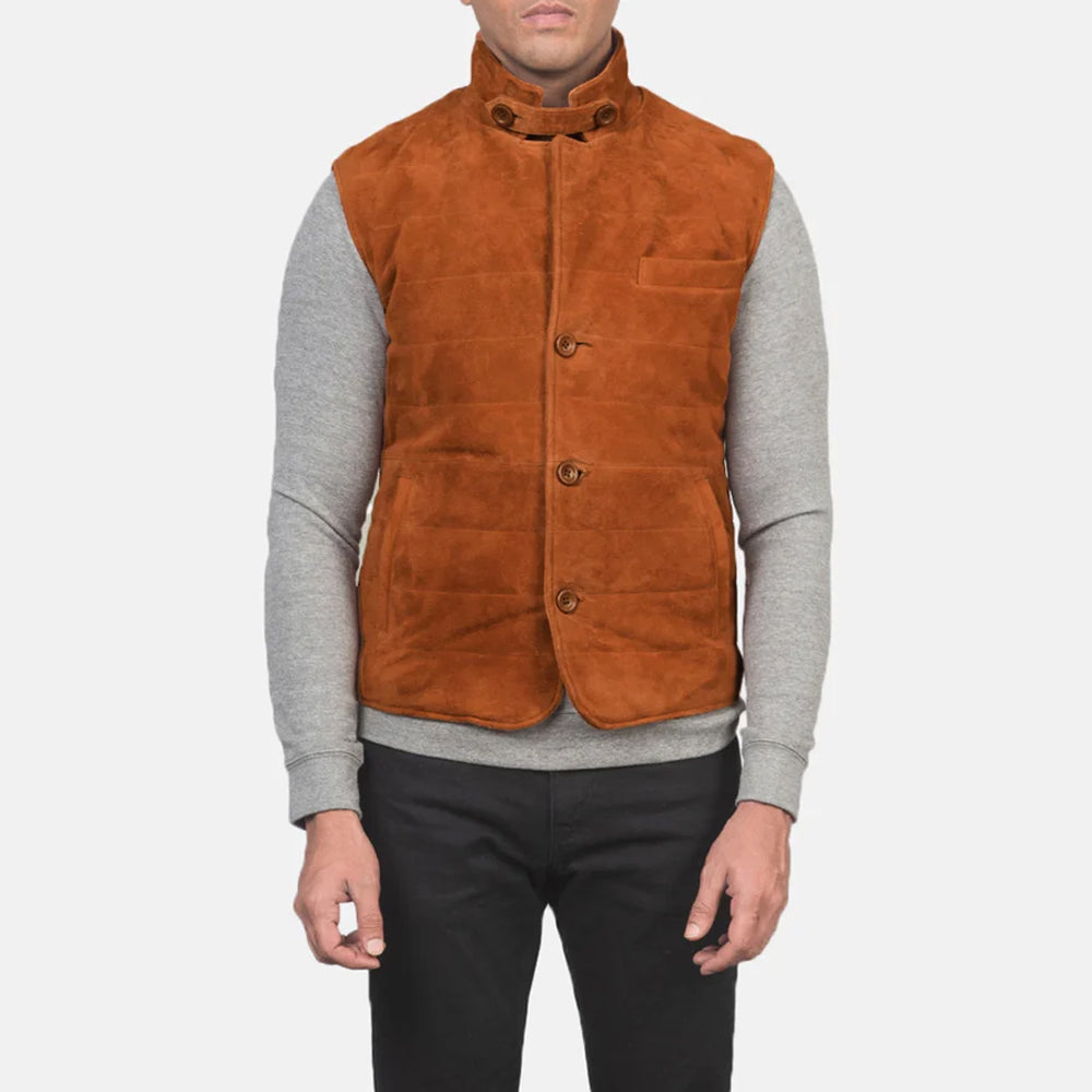 Close-up of a man wearing a suede leather vest with both front and collar buttons fastened, emphasizing its rugged yet refined design.