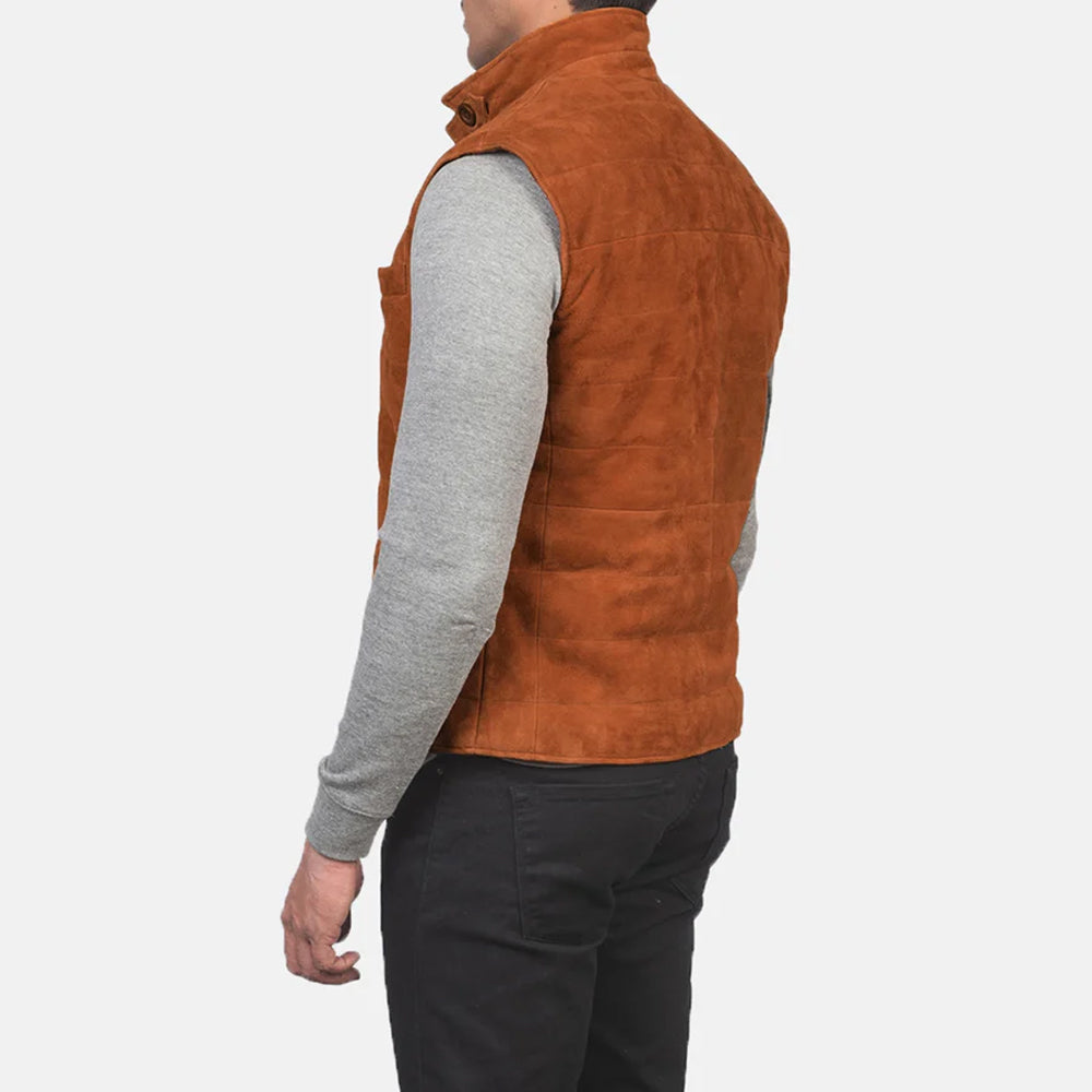 Rear view of the men's suede leather vest, displaying the smooth goatskin suede leather and tailored fit for a timeless look.