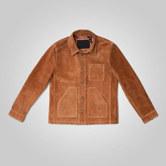 Front View of Men's Brown Suede Leather Jacket ā showcasing vintage-inspired design with a spread collar and button closure.