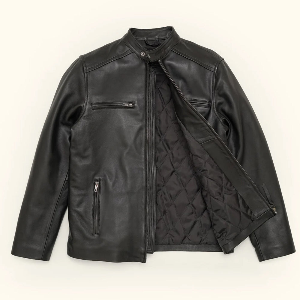 Full view of men's black bomber jacket, showing the sleek design.