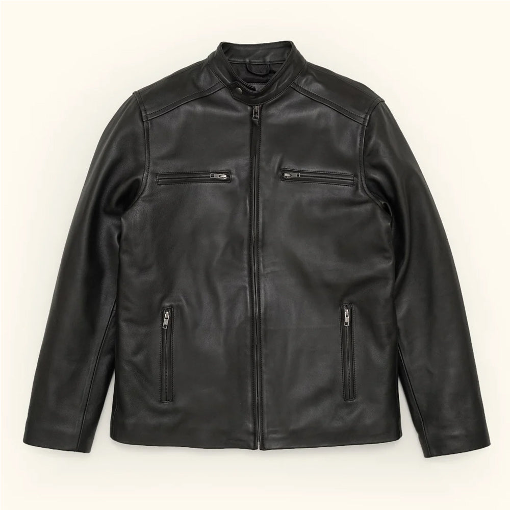Men's vintage black bomber leather jacket with spread collar.