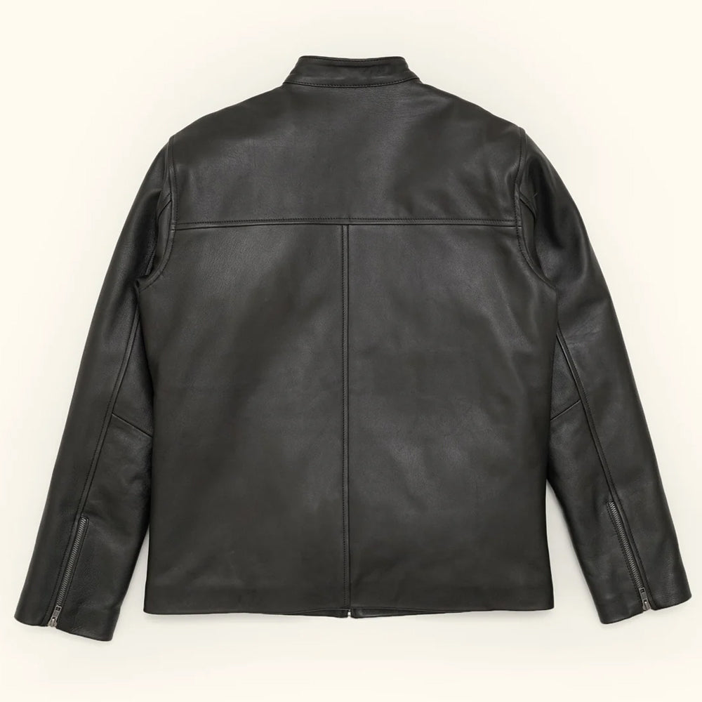 Back view of the men's vintage black bomber jacket.