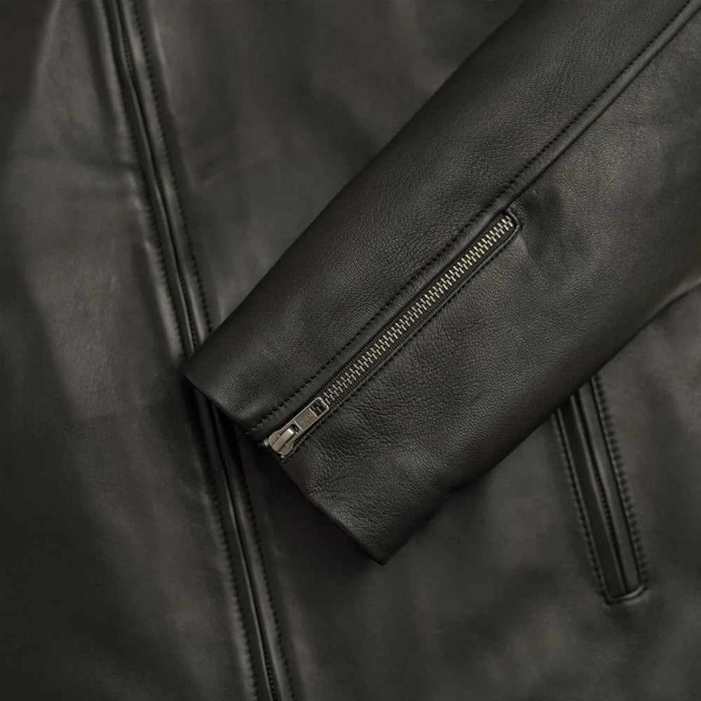 Men's bomber jacket displayed on a mannequin with sleek black leather.