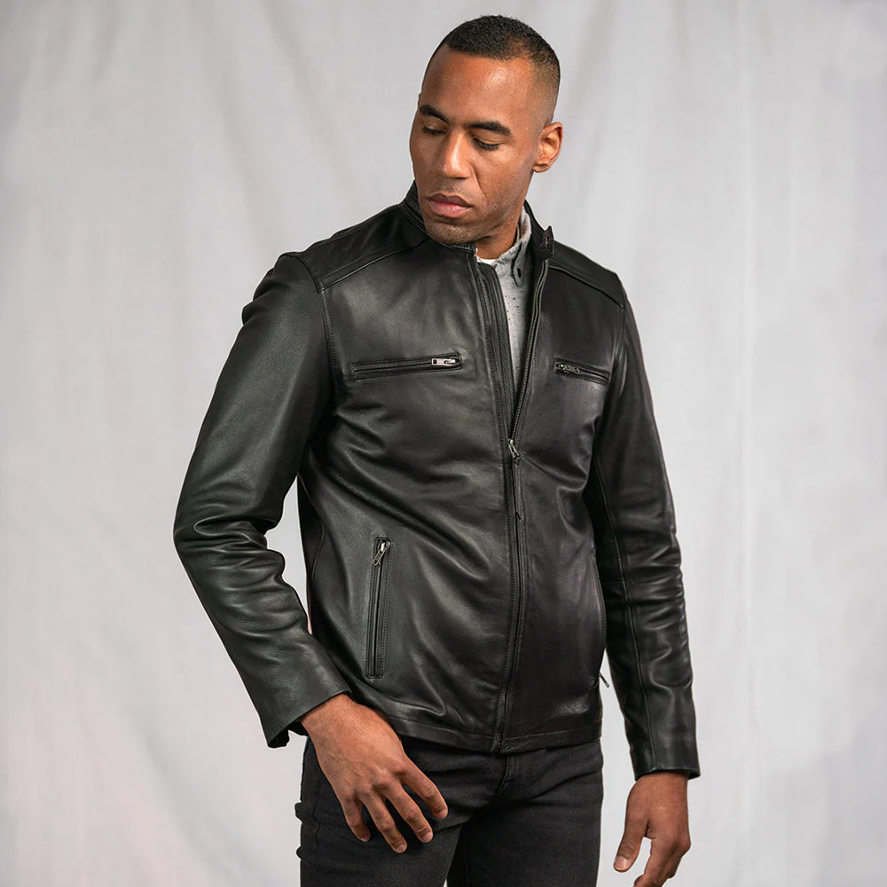 Men's leather bomber jacket with a full zip closure