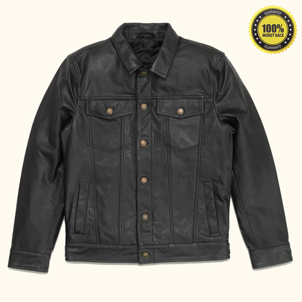 Men’s Black Lambskin Leather Trucker Jacket, front view showing sleek design and button closure.