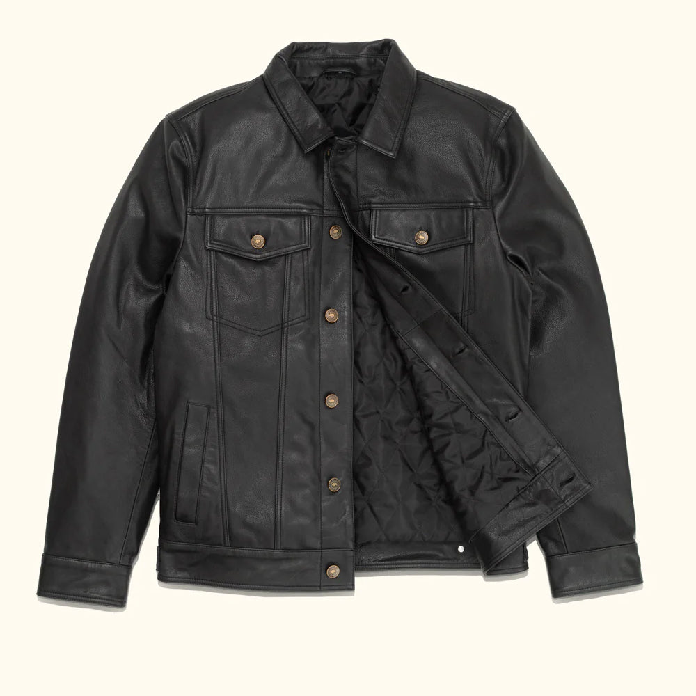 Close-up of button closure on Men’s Black Lambskin Leather Trucker Jacket for added style.