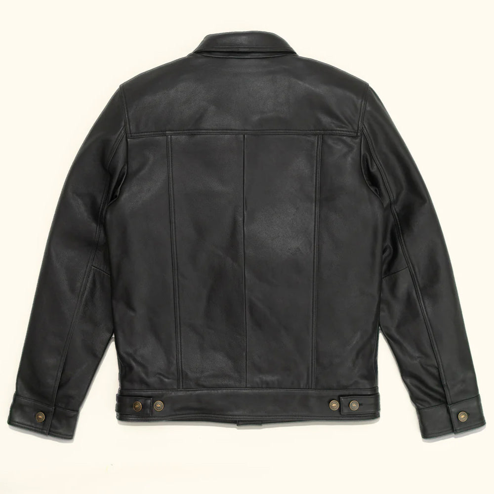 Back view of Men’s Black Lambskin Leather Trucker Jacket, showcasing the sleek design and fit.