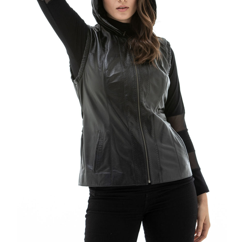 New Black Leather Vest With Fashionable Hooded