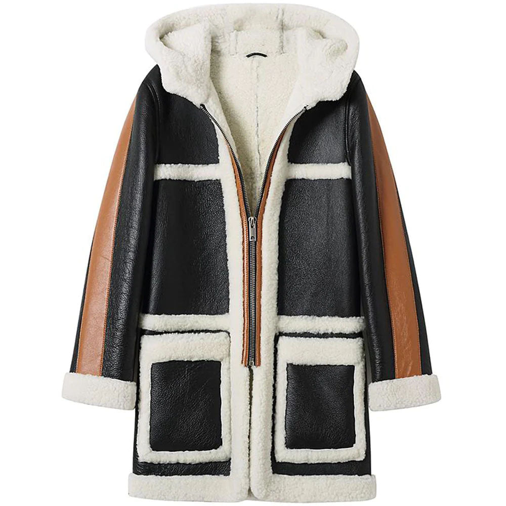 Women's Black Hooded Sheepskin Bomber Shearling Leather Coat