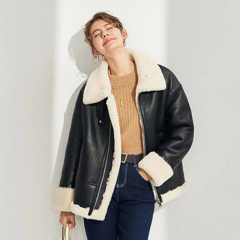 Women's Black Shearling Leather Lapel Collar Coat