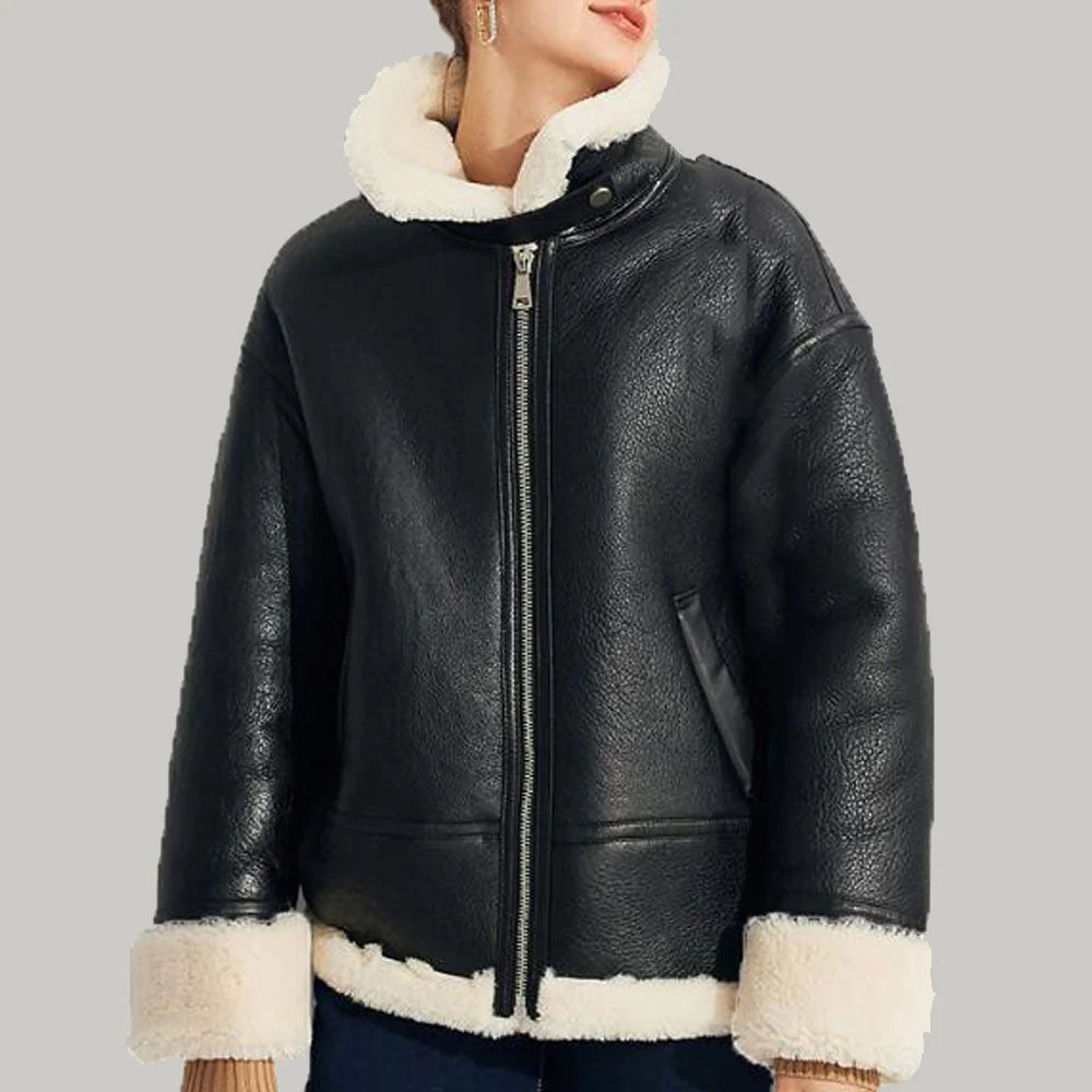 New Women's Shearling Leather Lapel Collar Coat