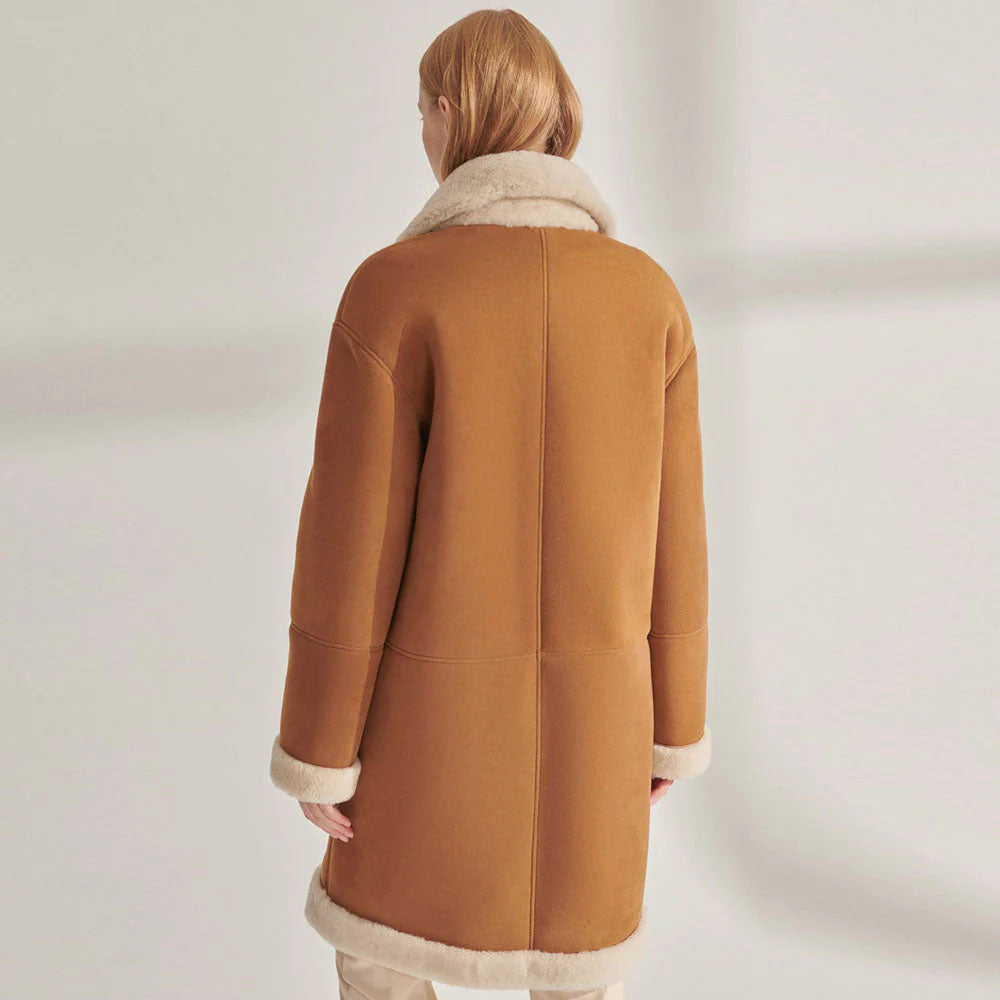 New Women's Shearling Suede Leather Long Coat