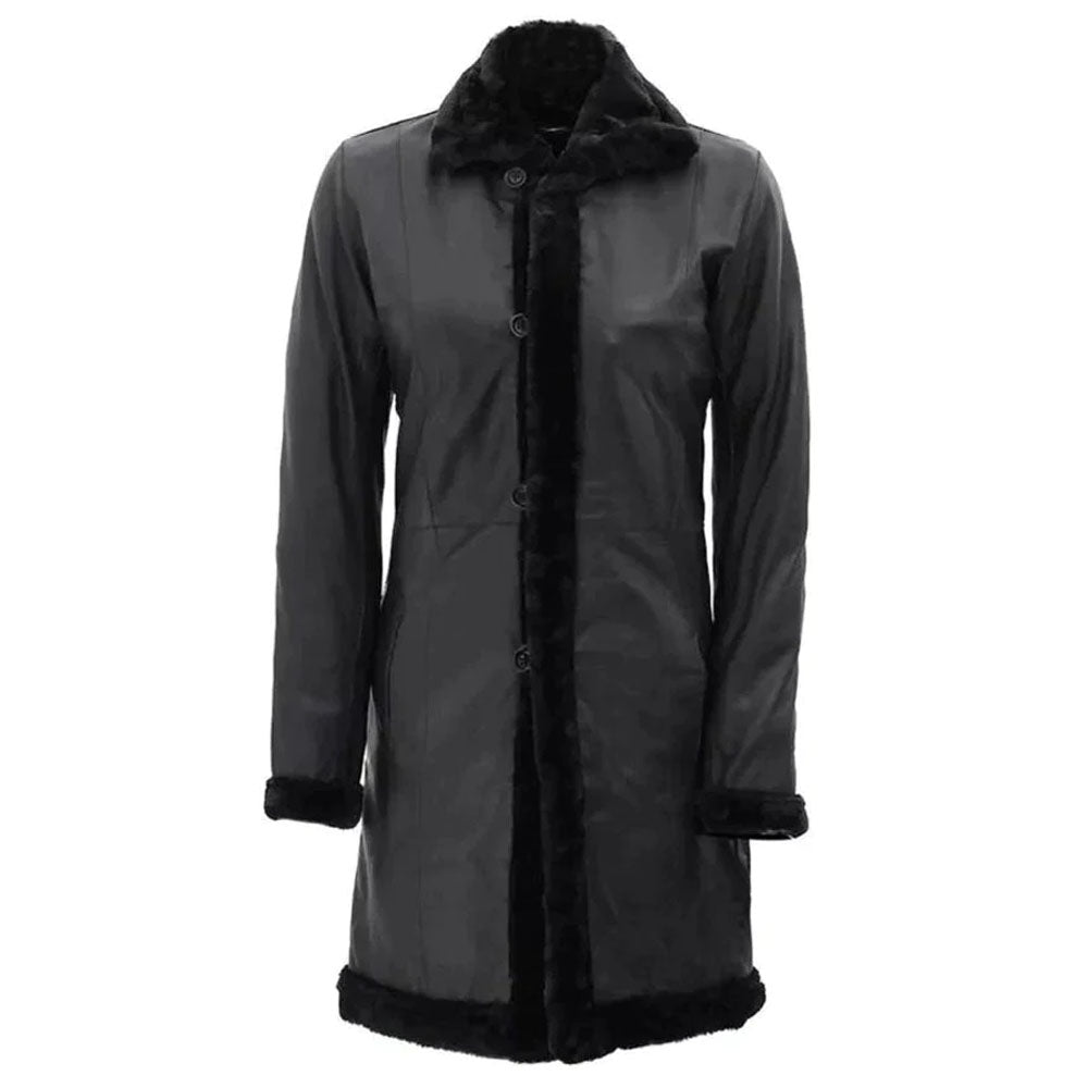 Black Women Shearling Leather Long Sheepskin Coat