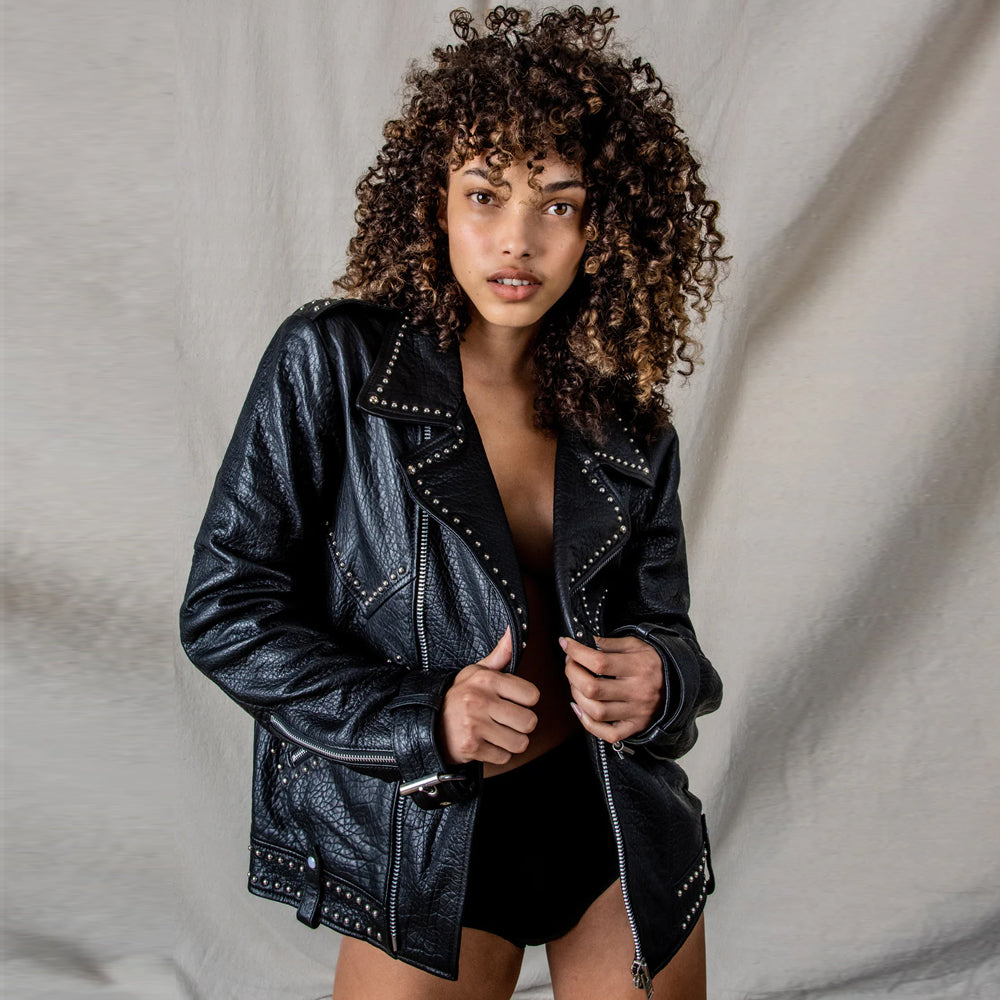 New Black Studded Moto Jackson Pebbled Original Leather Jacket