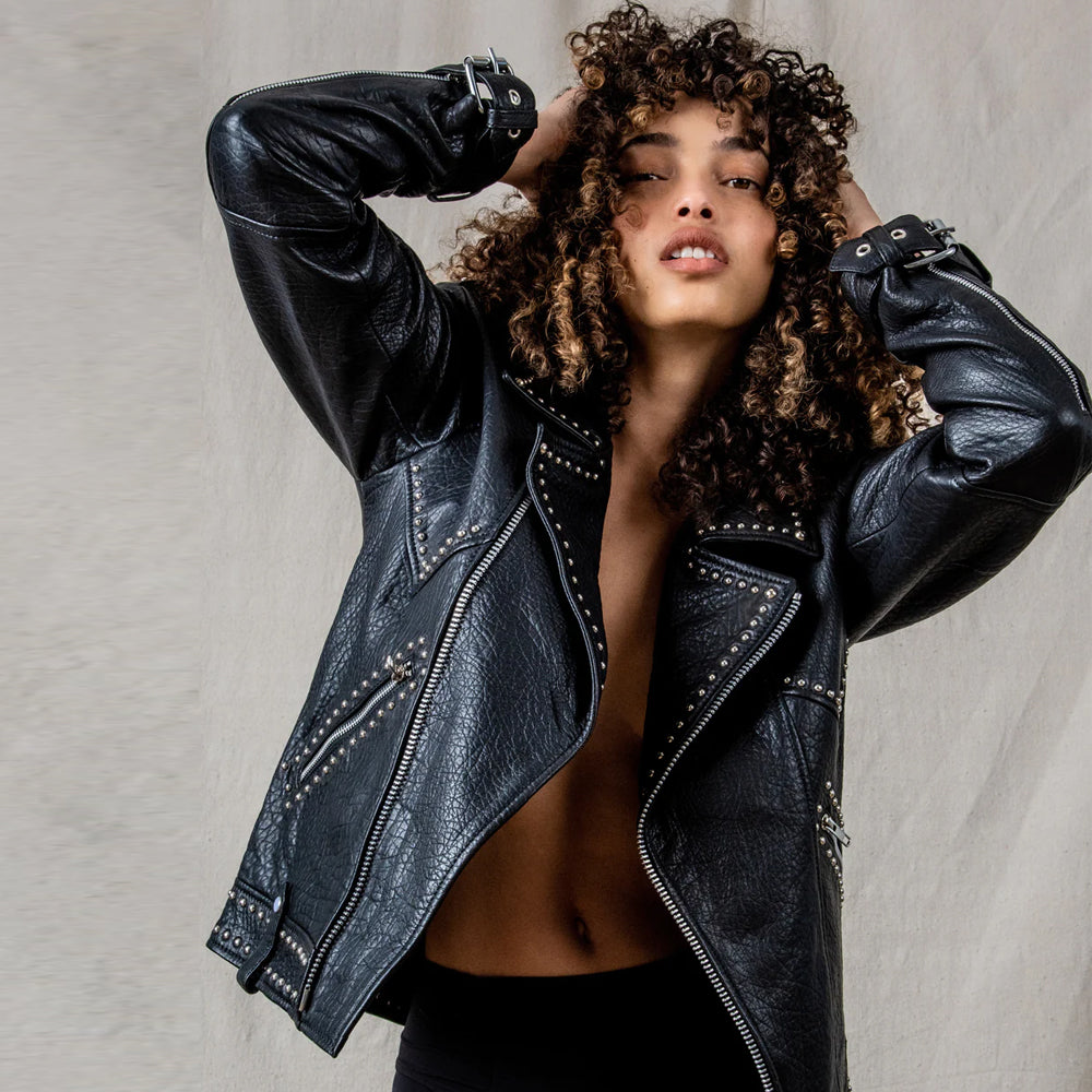 Women's Studded Moto Jackson Pebbled Original Leather Jacket