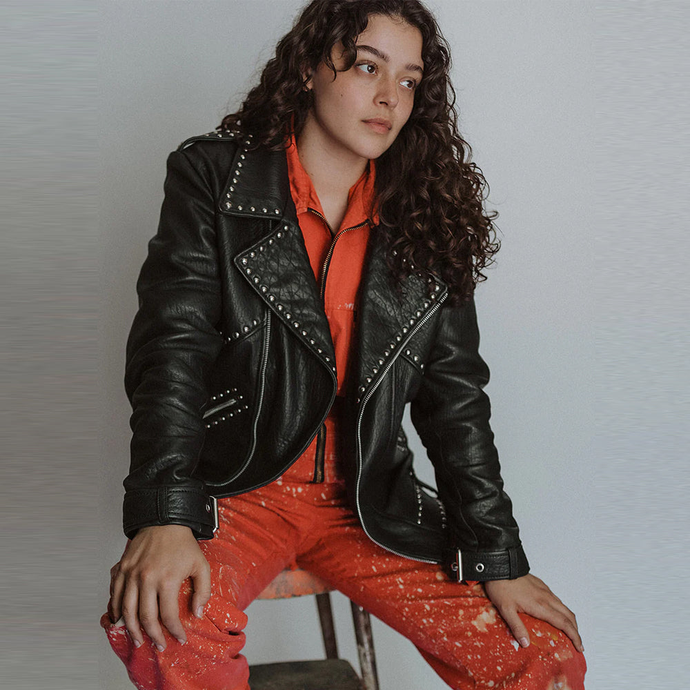 Women's Black Studded Moto Jackson Pebbled Leather Jacket