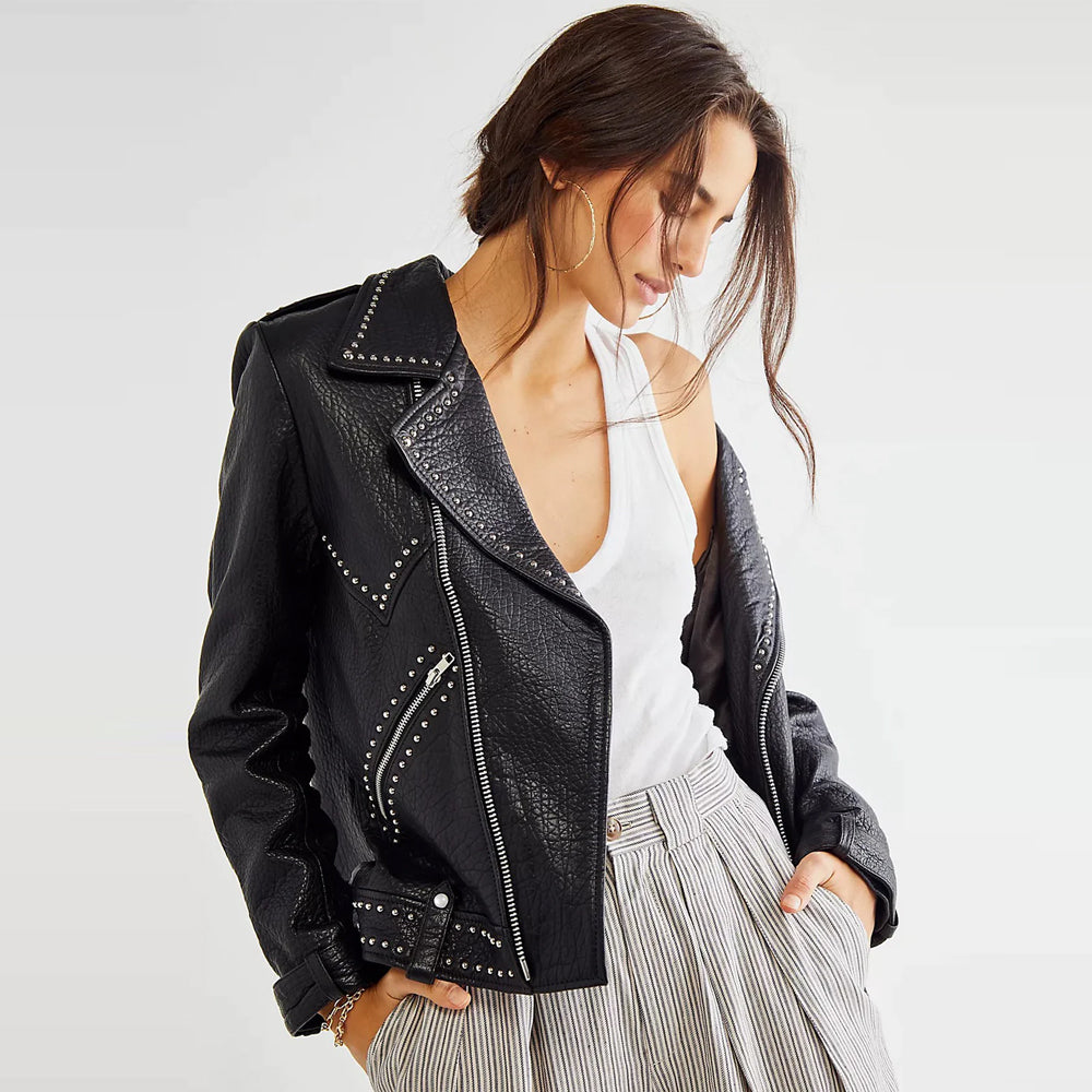 Women's Black Studded Moto Original Leather Jacket