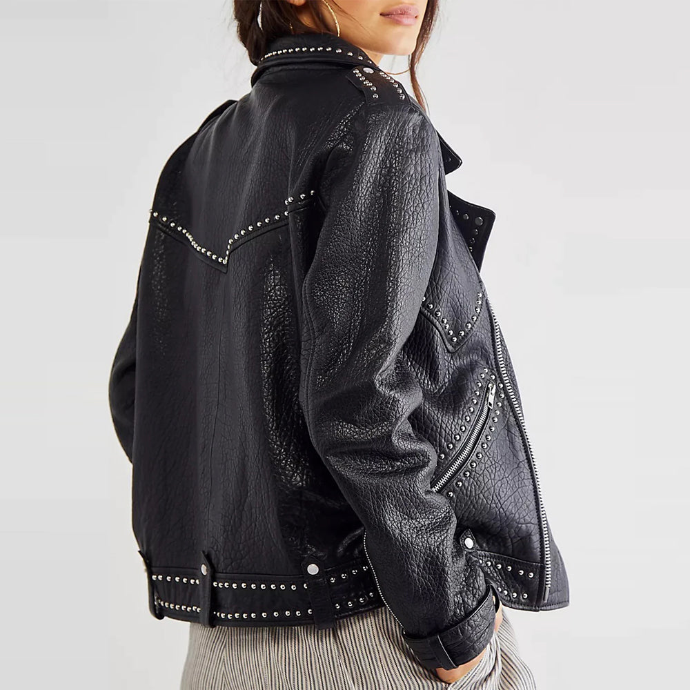Black Studded Moto Jackson Pebbled Original Leather Jacket For Women