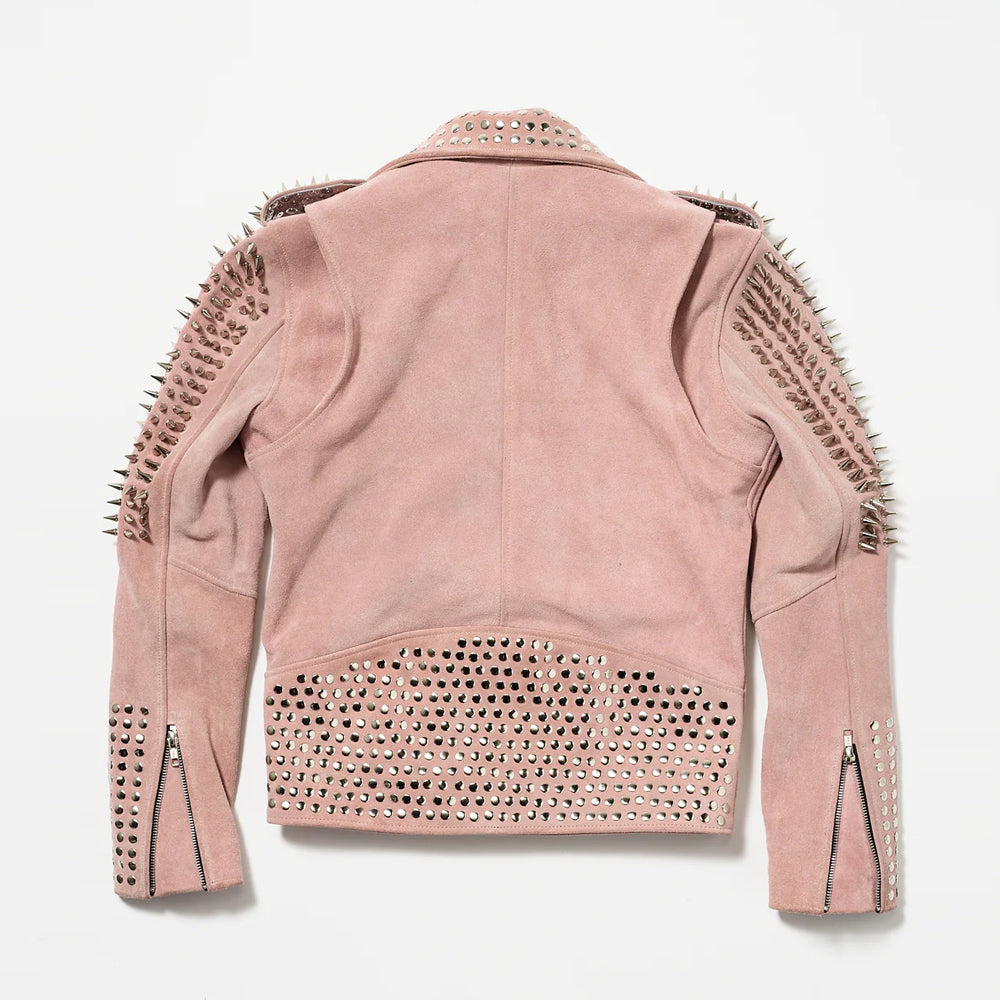 New Women's Pink Studded Suede Leather Spiked Jacket