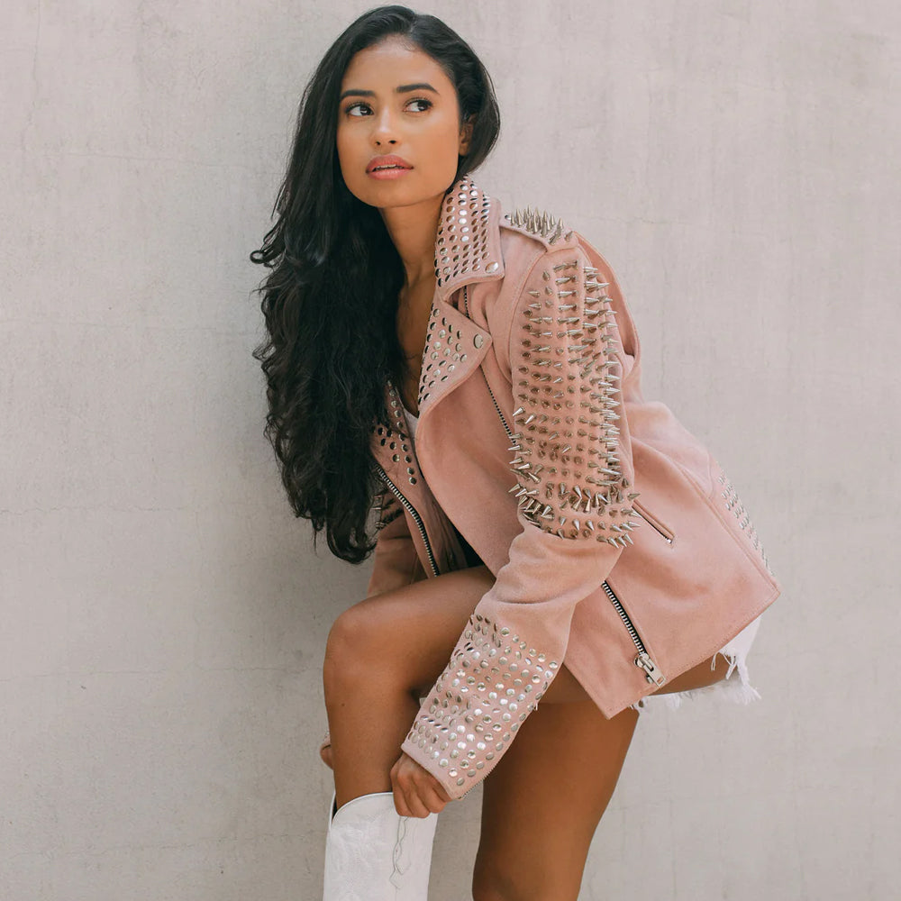 New Pink Studded Suede Leather Spiked Jacket