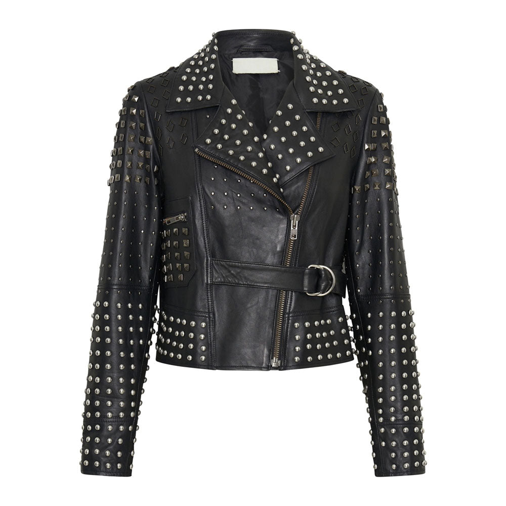 New Women's Black Studded Motorbike Spiked Leather Jacket