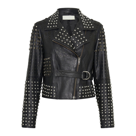New Women's Black Studded Motorbike Spiked Leather Jacket