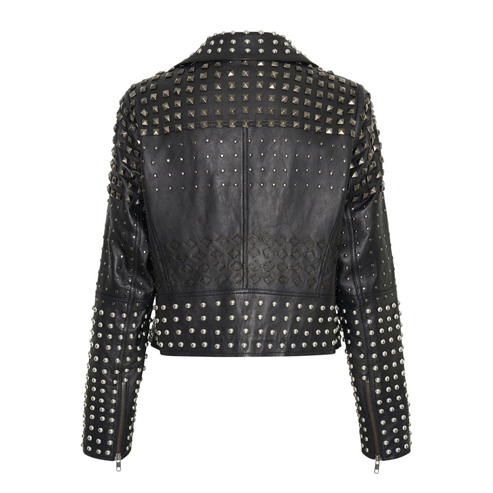 Women's Black Studded Motorbike Spiked Leather Jacket