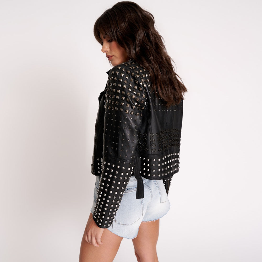 New Women's Studded Motorbike Spiked Leather Jacket