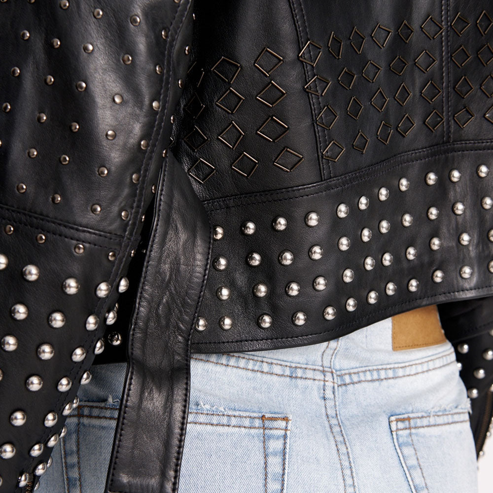 New Women's Black Motorbike Spiked Leather Jacket