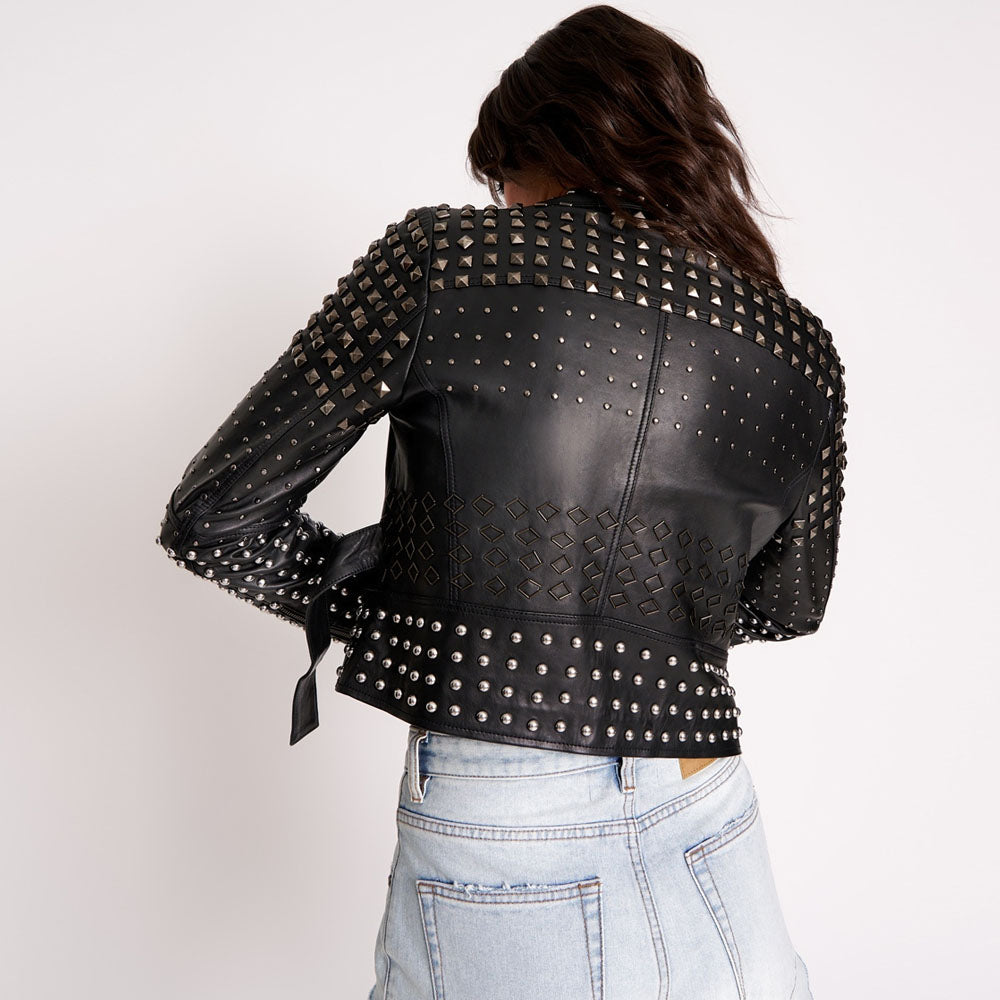 New Women's Black Studded Spiked Leather Jacket