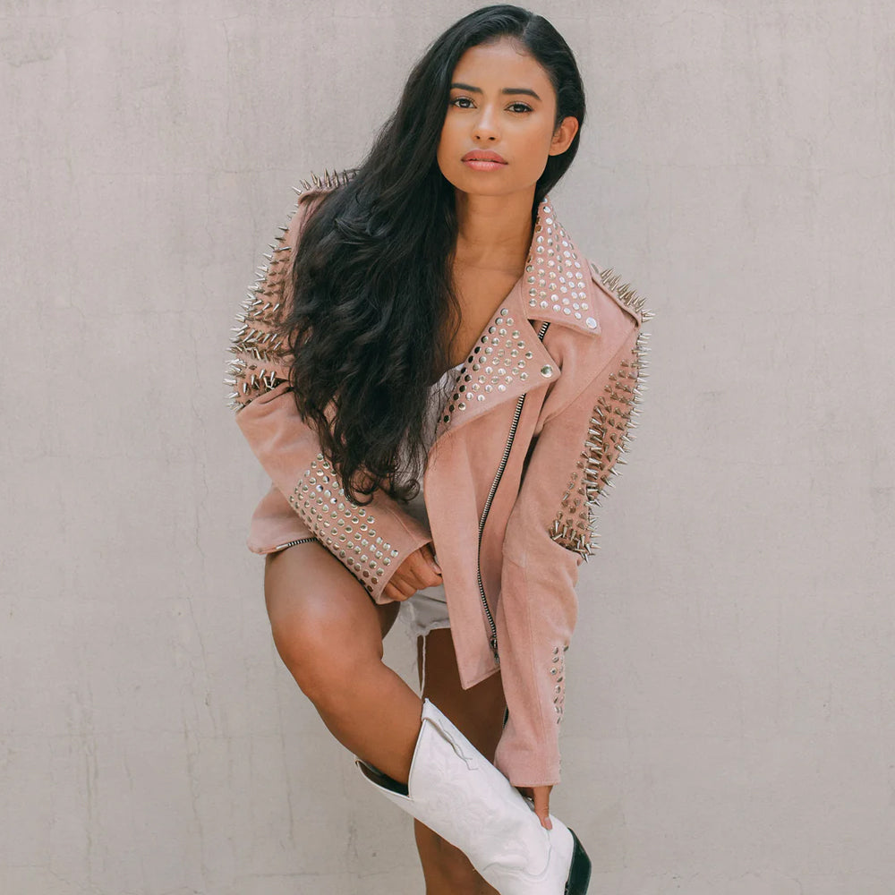 Pink Studded Suede Leather Spiked Jacket