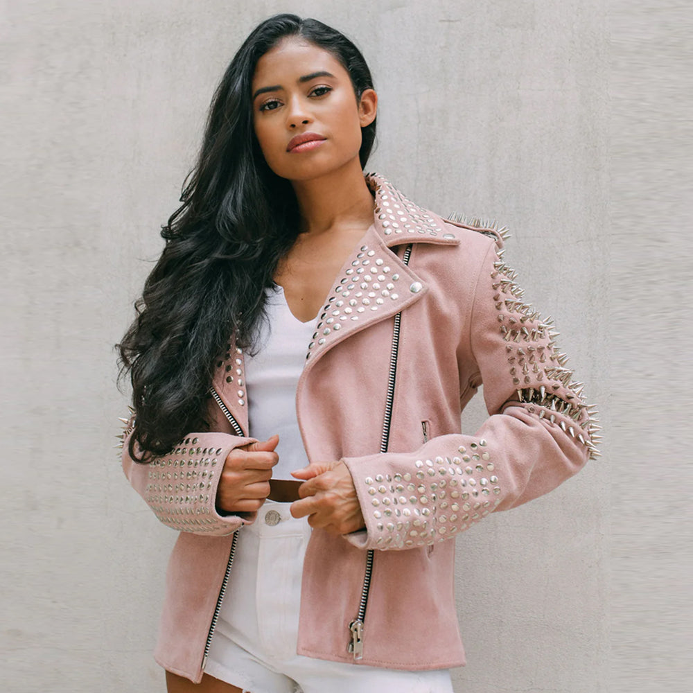 Pink Studded Suede Leather Spiked Jacket For Women