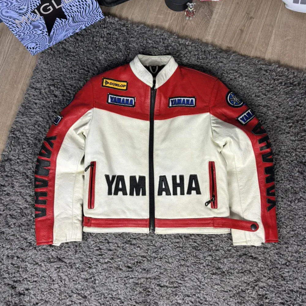 Yamaha R6 red and white racing leather motorcycle jacket full front view
