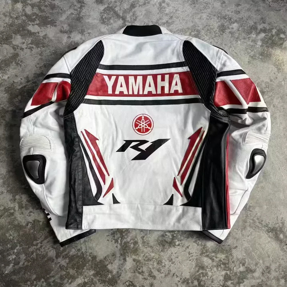 Back view of Yamaha Racing white cowhide leather motorcycle jacket laid flat on floor