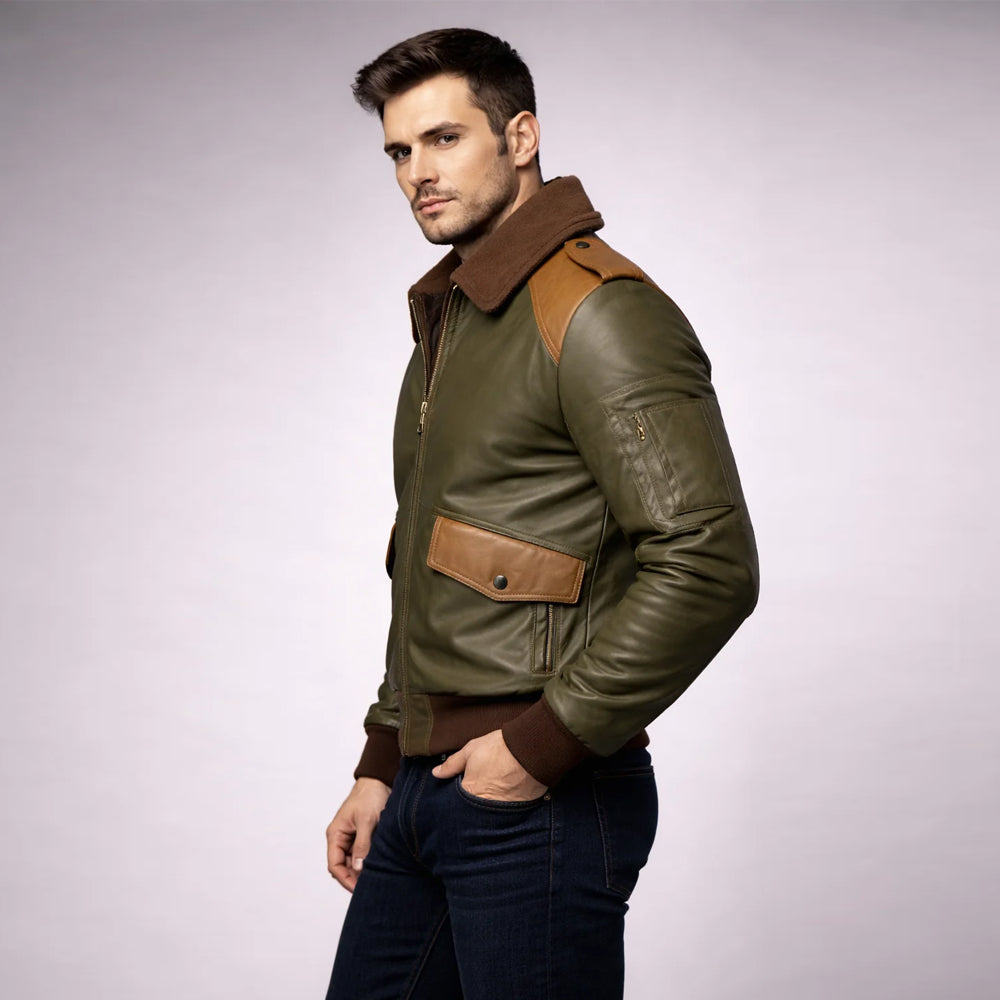 Side view of men's A-2 bomber jacket showing sleeve pocket and ribbed cuffs