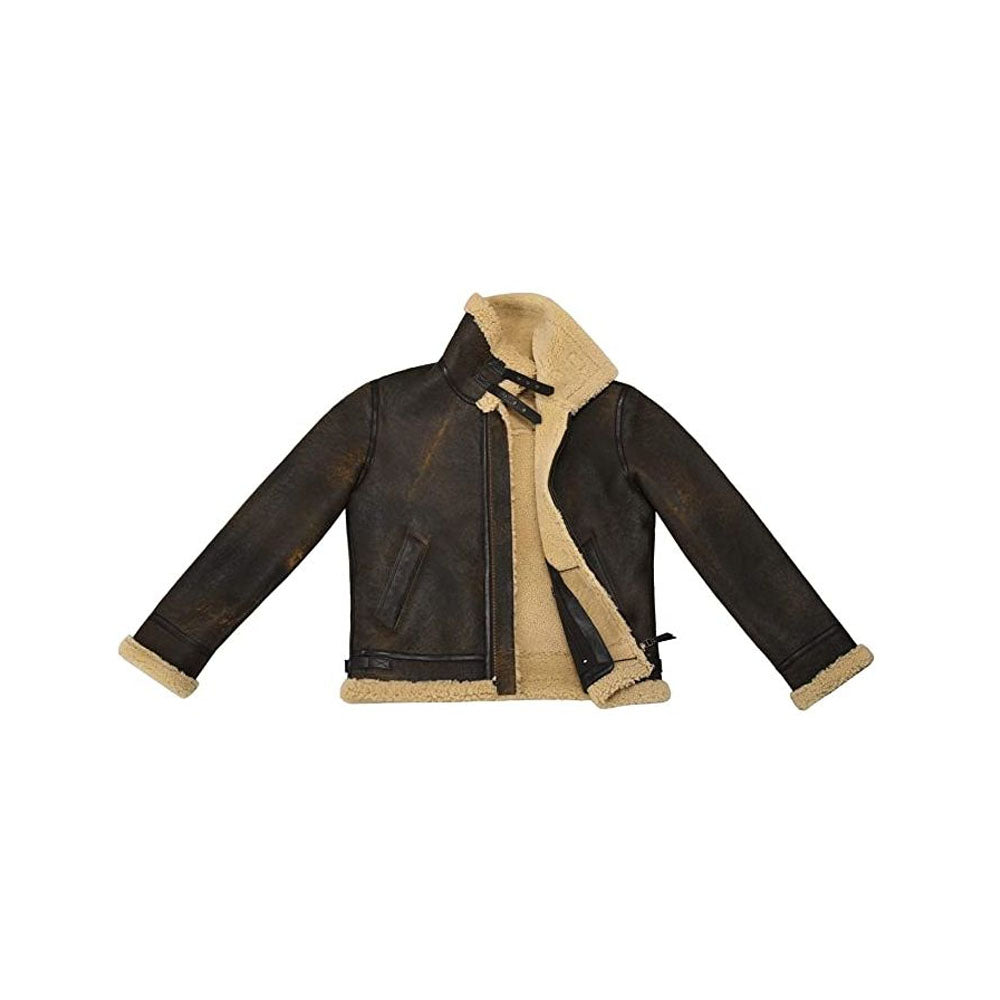 Flat lay view of antique brown shearling flight coat showing inner cream fur lining and dual throat latch straps on the collar