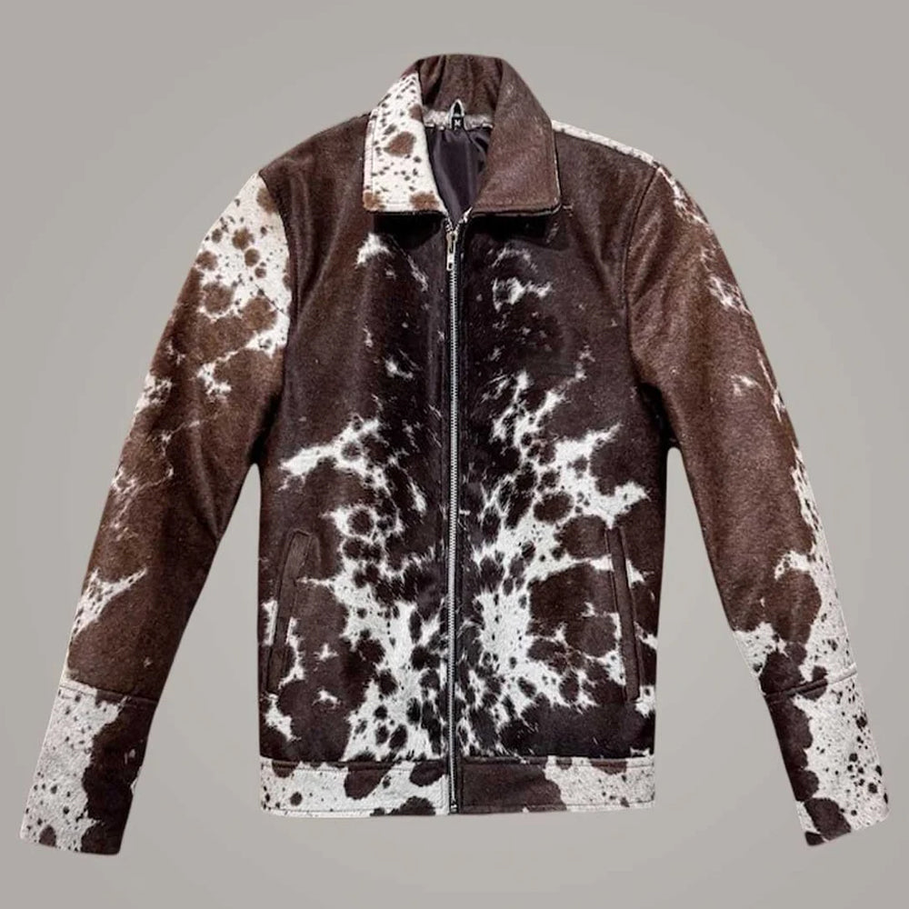 Brown and cream cowhide rancher zip jacket with pointed collar, paneled sleeves and hem band