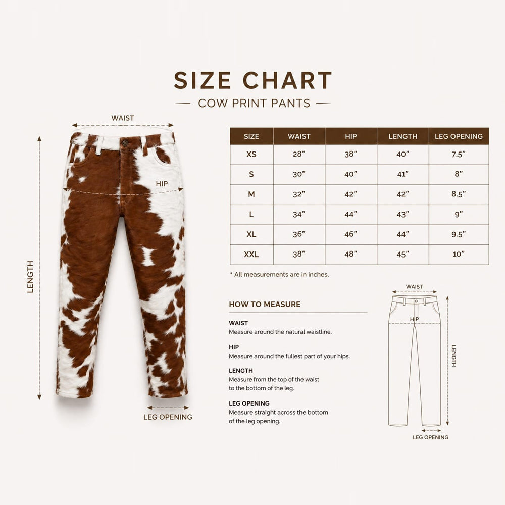 Detailed size chart for men's cowhide leather pants ranging from XS to XXL.