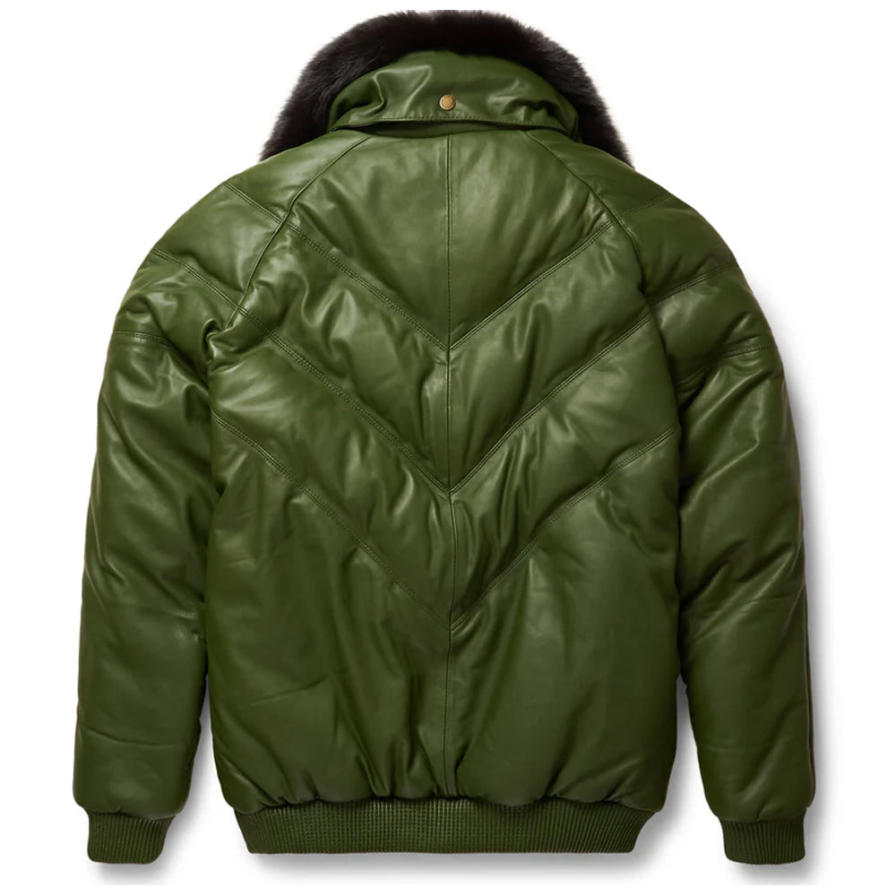 Rear view of the Goose Country men's olive green leather V-bomber jacket highlighting the symmetric solid green V-shaped quilted design on the back.
