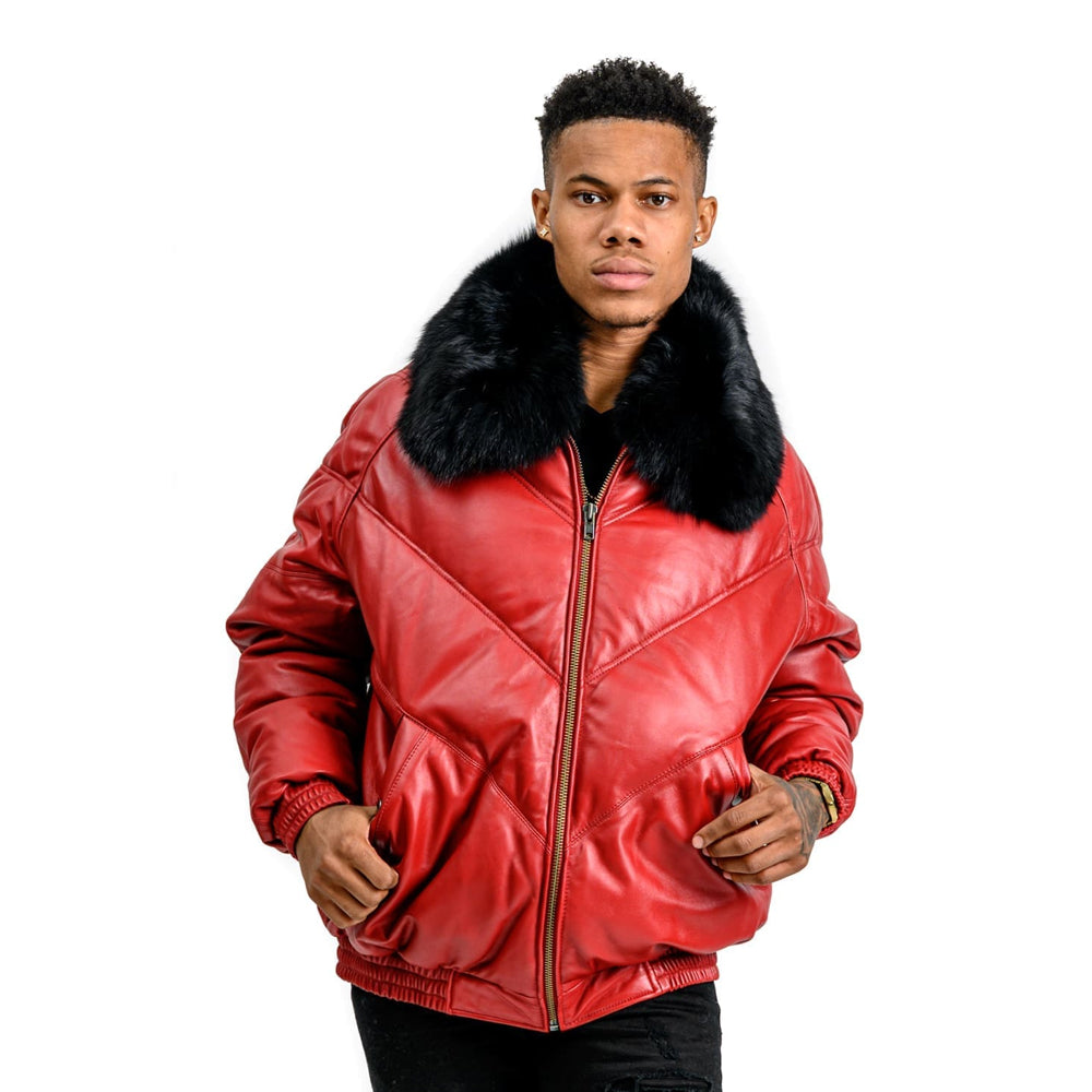 Front view of a man wearing the Goose Country red lambskin leather V-Bomber down puffer jacket with detachable black fox fur collar
