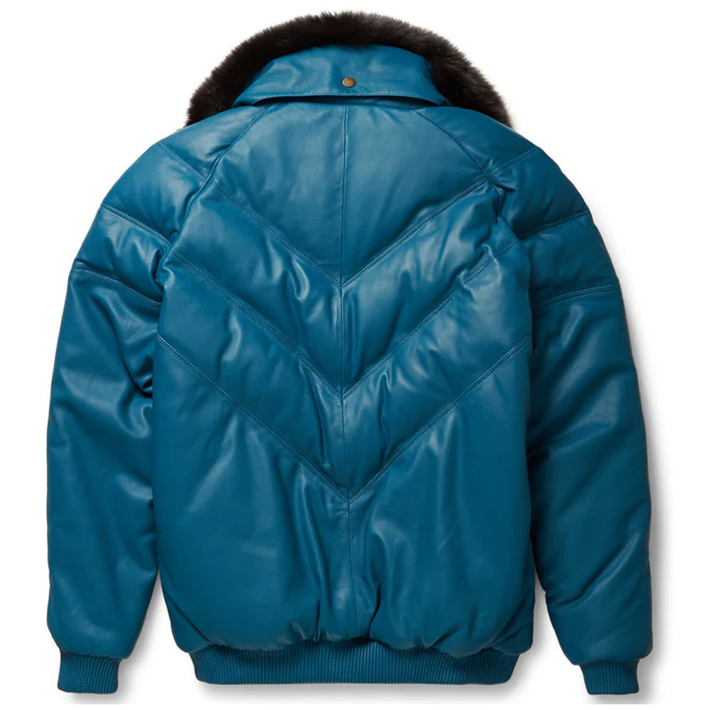 Rear view of the Goose Country men's teal leather V-bomber jacket highlighting the symmetric V-shaped quilted design on the back.