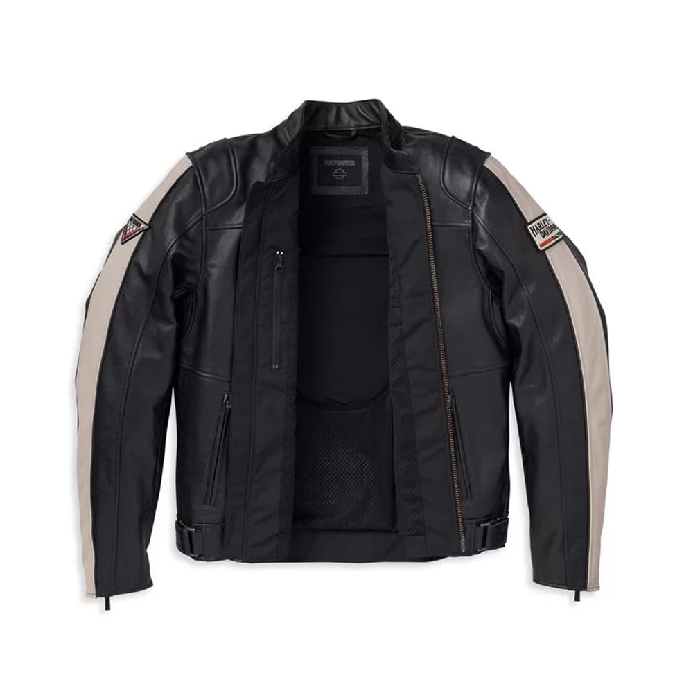 Interior of the Harley-Davidson jacket revealing the breathable mesh lining, inner pocket, and authentic brand neck label.
