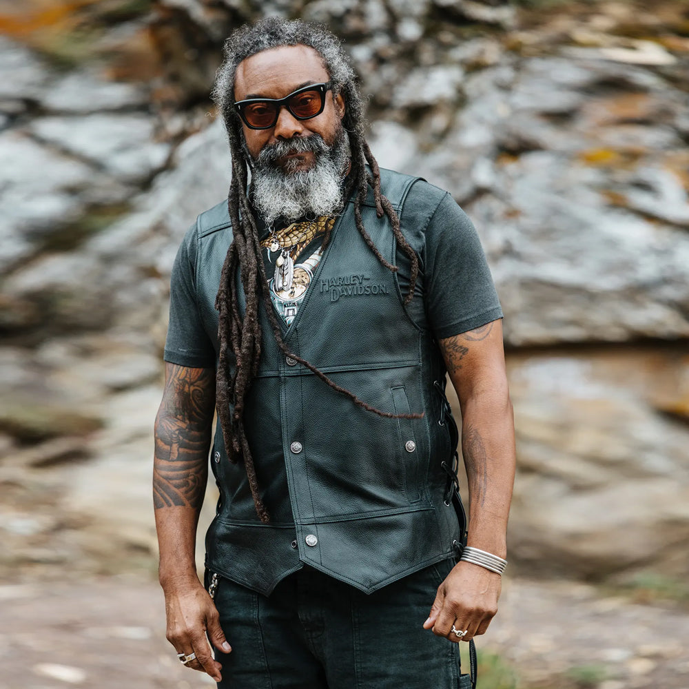 Bearded biker wearing the Harley-Davidson Tradition II leather vest.