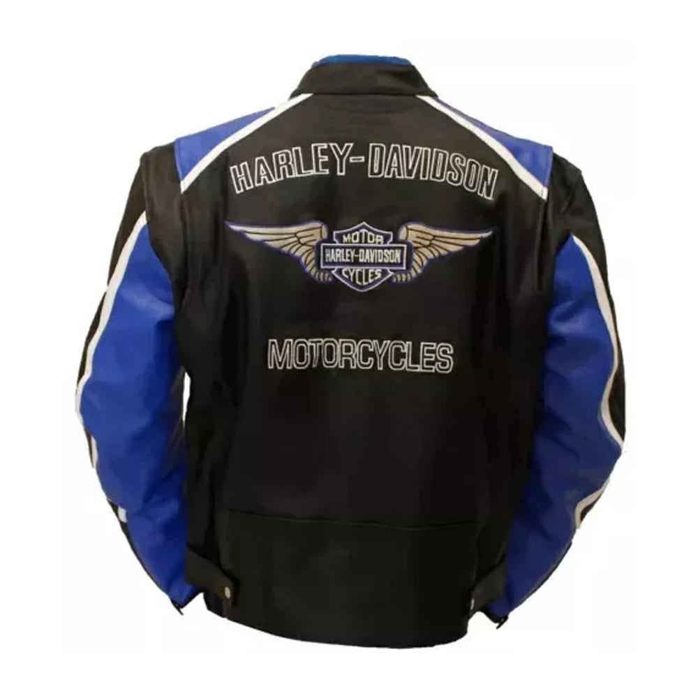 Rear view of the blue Harley-Davidson jacket featuring the large embroidered winged eagle logo and "Motorcycles" text.